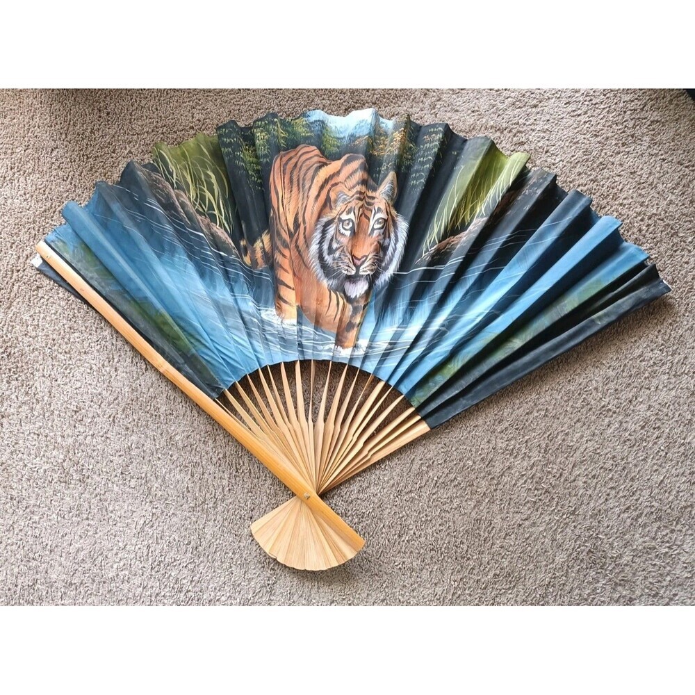 Vintage Large Asian Wall Fan 35" Hand Painted Forest Tiger